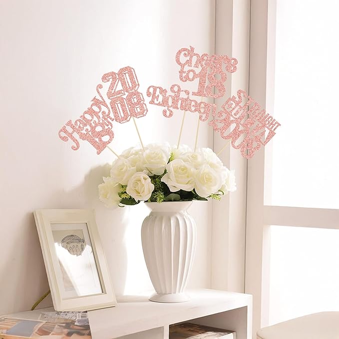 Gyufise 15Pcs Happy 18th Birthday Centerpiece Sticks Eighteen Straight Outta 2008 Table Flower Centerpieces Sticks for Cheers to 18th Birthday Party Supplies Rose Gold
