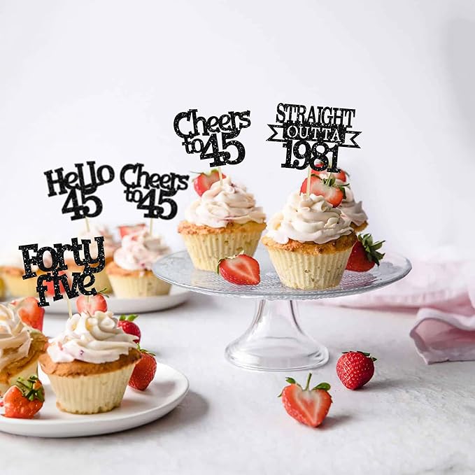 Ephlyn 24Pcs 45th Birthday Cupcake Toppers Glitter Straight Outta 1981 Cupcake Picks Hello 45 Cheers to 45 Years Cake Decorations for 45th Birthday Anniversary Party Decorations Supplies Black