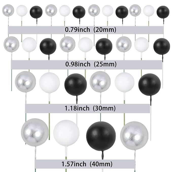 Gyufise 30Pcs Balls Cake Toppers Ball Picks Ball Shaped Cupcake Toppers Foam Balls Cake Topper Mini Balloons Cake Decorations for Wedding Baby Shower Birthday Party Supplies Black White Silver