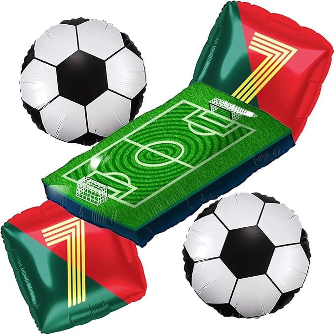 Number 7 Soccer Star Balloon Set - 4 Red and Green National Team Jersey Balloons 1 Football Field Balloon | Perfect for Soccer Birthday Party Decorations | Legendary Football Fans Party Supplies