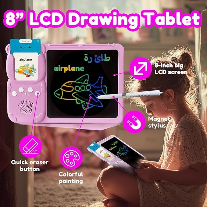 Drawing Tablet with Bilingual Flashcards for Kids - Arabic English Talking Flash Cards, LCD Writing Pad Board, Pocket Speech for Toddlers, Learning Toy Gift for Boys Girls (Arabic, Pink)