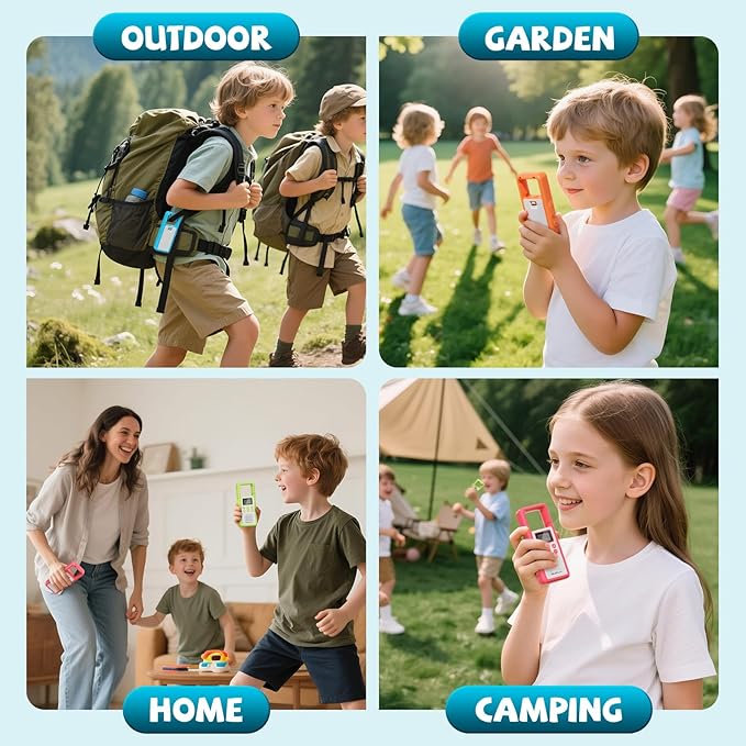 QUOLIX Kids Walkie Talkies 4 Pack Rechargeable with SOS Alarm/NOAA/VOX/Flashlight, Durable 1020mAh Battery Radios for 3-12 Year Old Boys Girls, Outdoor Camping Group Games Birthday Set