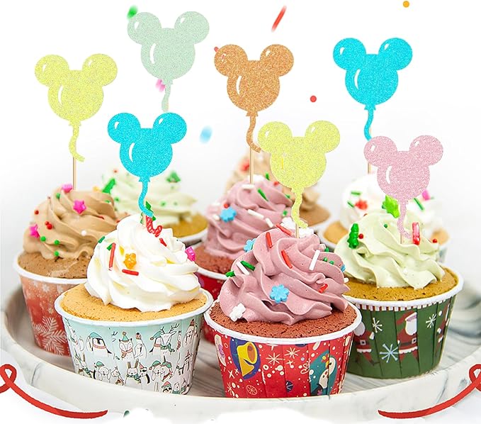 30 Pcs Mouse Inspired Cupcake Toppers Glitter Multiple Colors Mouse Balloon Cake Toppers Decorations for Baby Shower Kids Birthday Party Wedding Anniversary Party Supplies