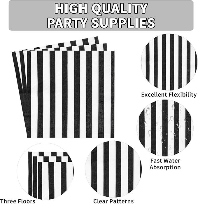 Grencian 96Pcs Black and White Striped Party Decorations Black and White Striped Party Plates Disposable 350GSM Striped Paper Tableware Set for Birthday Wedding Halloween Party, Serves 24