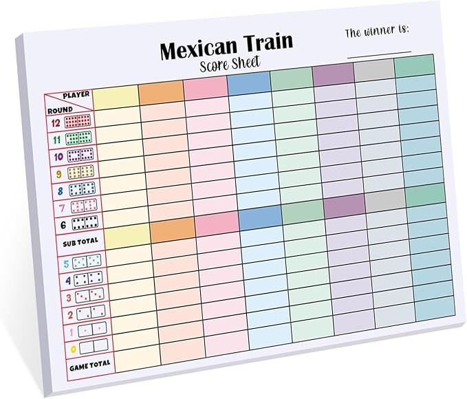1 Pack 60 Sheets Mexican Train Score Pads Colorful Chicken Foot Dominoes Game Scorepad Adult Mexican Train Score Sheet Scoreboard Paper Record Clearly for Family Christmas (6.7 x 5 Inches)