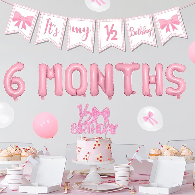 Half Birthday Decorations - Pink Gingham Banner Bow, Balloons, Cake Topper for Girls 6 Month Party Supplies