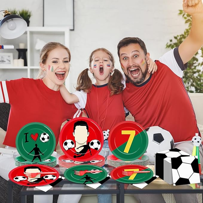 96Pcs Soccer Paper Plates and Napkins Soccer Star Disposable Tableware Set Red and Green Sports Ball Plates Set Sport Party Dinnerware Decorations for Birthday Baby Shower Party Decorations Supplies