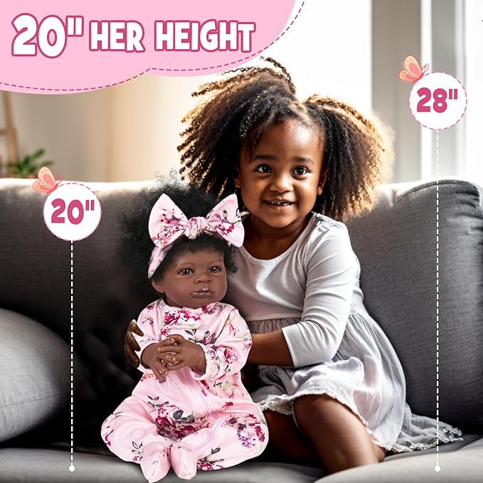 Aori Reborn Baby Dolls Black - 20-Inch Lifelike Black American Baby Girl, Realistic Soft Vinyl Newborn Dolls with Weighted Cloth Body, Set for Kids 3+