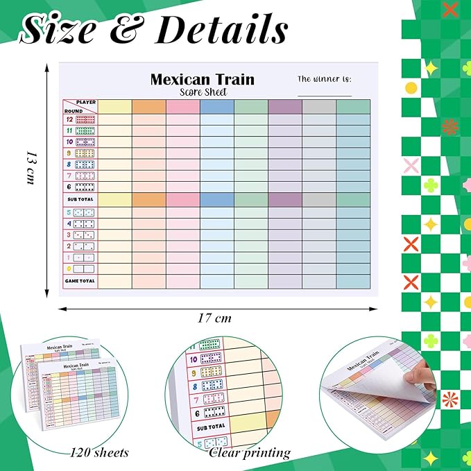 1 Pack 60 Sheets Mexican Train Score Pads Colorful Chicken Foot Dominoes Game Scorepad Adult Mexican Train Score Sheet Scoreboard Paper Record Clearly for Family Christmas (6.7 x 5 Inches)