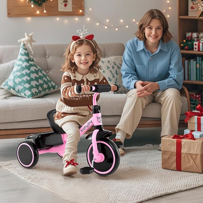 BABY JOY Toddler Tricycle, Kids Trike with Adjustable Seat and Storage Basket for Boys Girls Indoor and Outdoor Riding, Toddler Trike for Baby 3-5 Years Old (Pink)