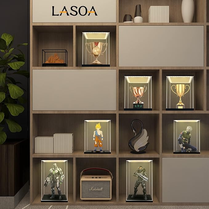 LASOA Acrylic Display Case with Warm Color Changing LED Light, Clear Display Box for Action Figures and Collectibles, Self-Assembly Dustproof Showcase with Black Base, 9.8x9.8x9.8inch