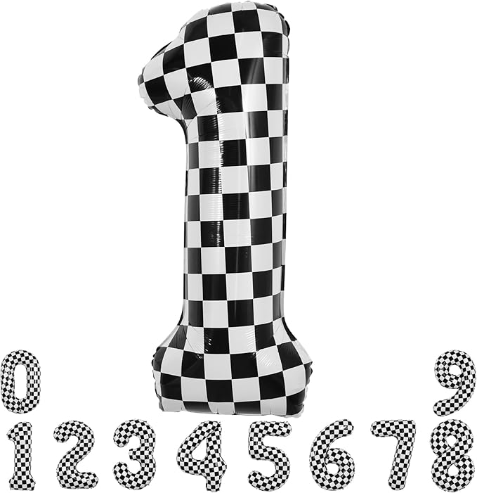 TONIFUL 40 Inch Checkered Number 1 Balloon 1st Race Car Birthday Party Supplies Black and White Large Number Balloon for Girls Boys 1st Birthday Fast Race Car Flag Party Decorations