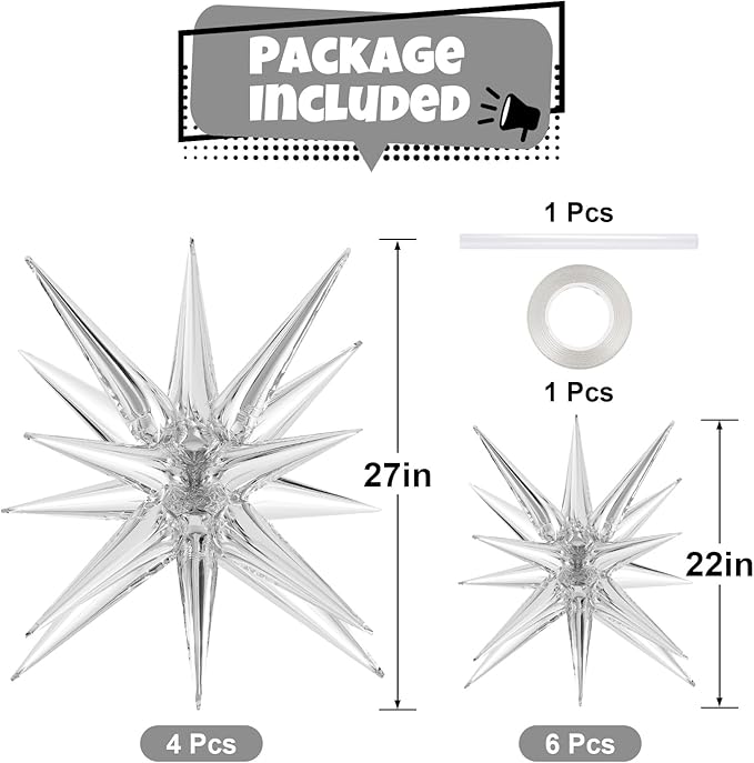10 Pcs Silver Star Balloons Explosion Balloons Foil Cone Balloon Magic for Birthday Wedding Anniversary Party Backdrops Decorations Supplies, 6 Pcs 22 Inches and 4 Pcs 27 Inches