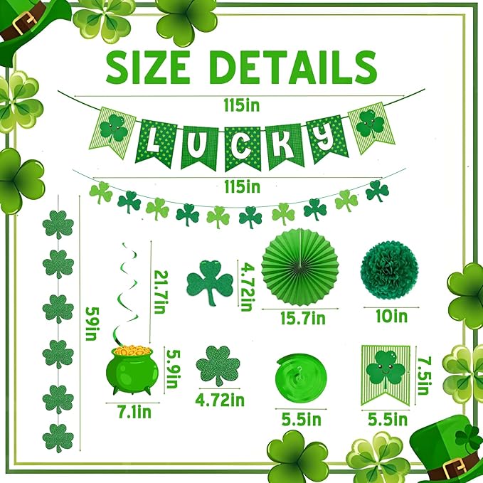 36 Pcs St Patricks Day Decorations Kit with Paper Flowers and Fan, Lucky Banner, Shamrock Garland and Shamrock Hanging Swirls Decor for Home Saint Patrick Party Supplies