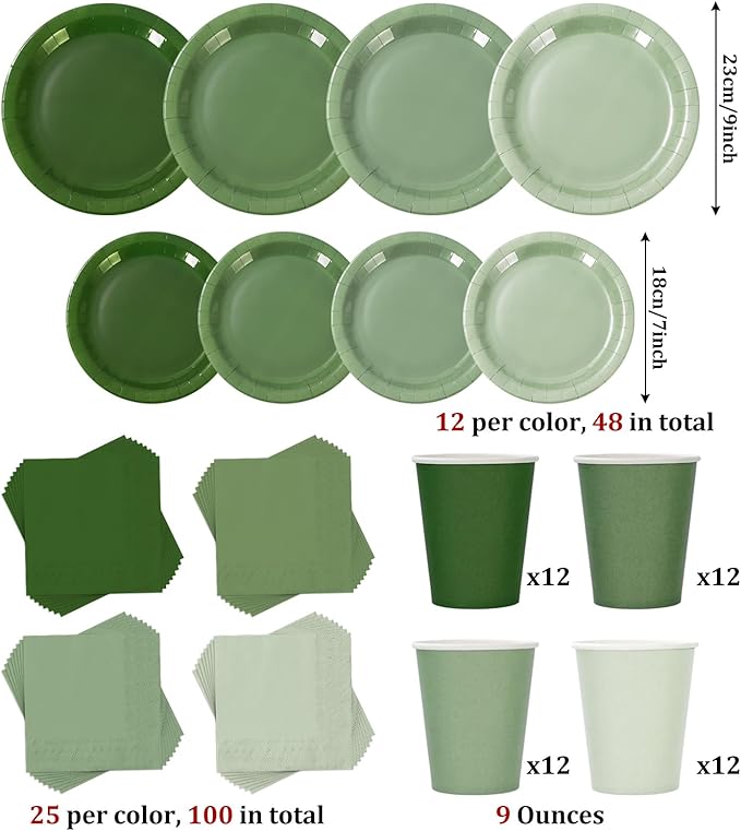 Whaline 244Pcs Sage Green Tableware Set Serves 48 Gradient Green Disposable Dinnerware 48 9" Plates 48 7" Plate 48 9oz Cups 100 Napkins for Wedding Birthday Party Supplies