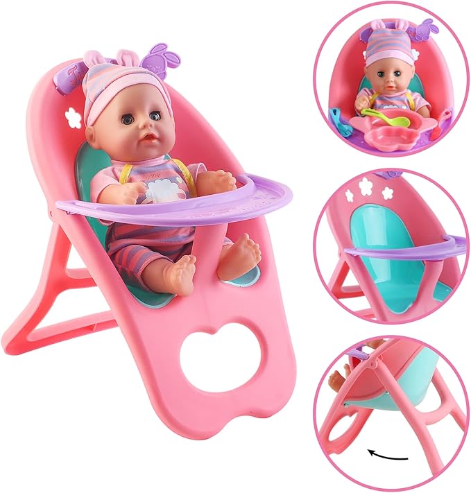 deAO Baby Doll Set with Crib Bed High Chair Stroller Baby Doll Accessories 20 Pieces Play Set Birthday for Girls Boys Kids