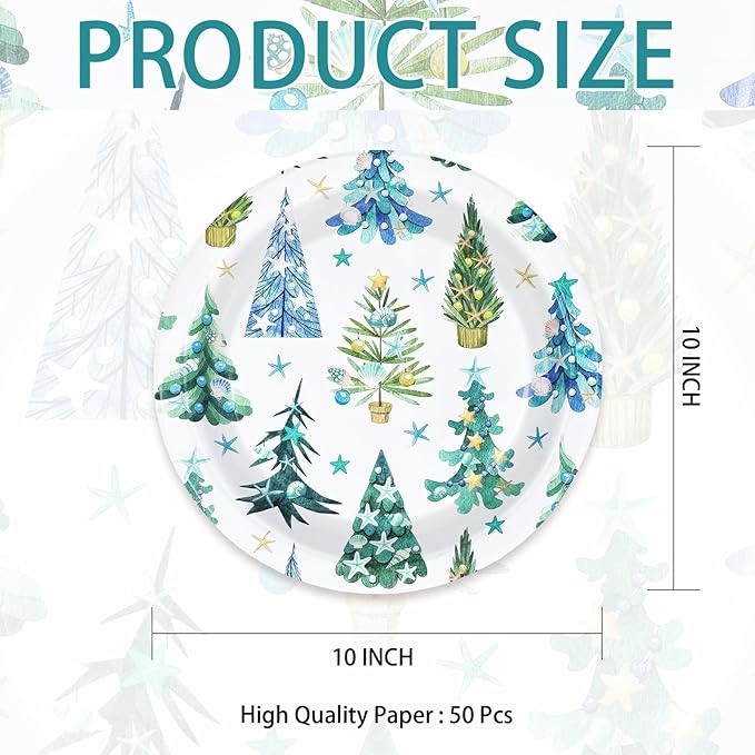 50Pcs Coastal Winter Paper Plates Seashell Beach Christmas Tree Plates 10" Large Heavy Duty Dessert Platters Blue Coastal Xmas Decorations for Ocean Merry Christmas Xmas Holiday Party Supplies