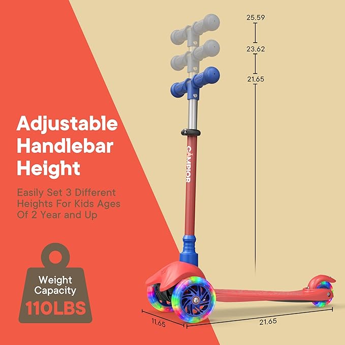 Red & Blue Mini 3 Wheel Scooter for Kids – Lean-to-Steer with LED Light-Up Wheels, Adjustable Handlebar, Wide Anti-Slip Deck, Smooth PU Wheels, Rear Foot Brake – Toddler Scooter for Ages 2+