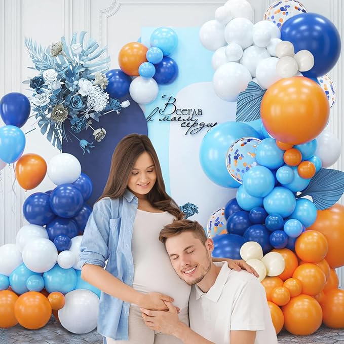 Blue and Orange Balloons, 60pcs 12 Inch Orange Blue White Nude Latex Balloon with Confetti Balloons Ribbon for Baby Shower Graduation Blue Birthday Party Decorations