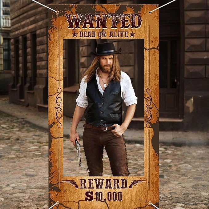 Large Western Wanted Poster Western Cowboy Party Decoration Wanted Photo Booth Frame Wild West Selfie Banner Backdrop for West Cowboy Birthday Party Retro Rustic Decoration Supplies (Brown)