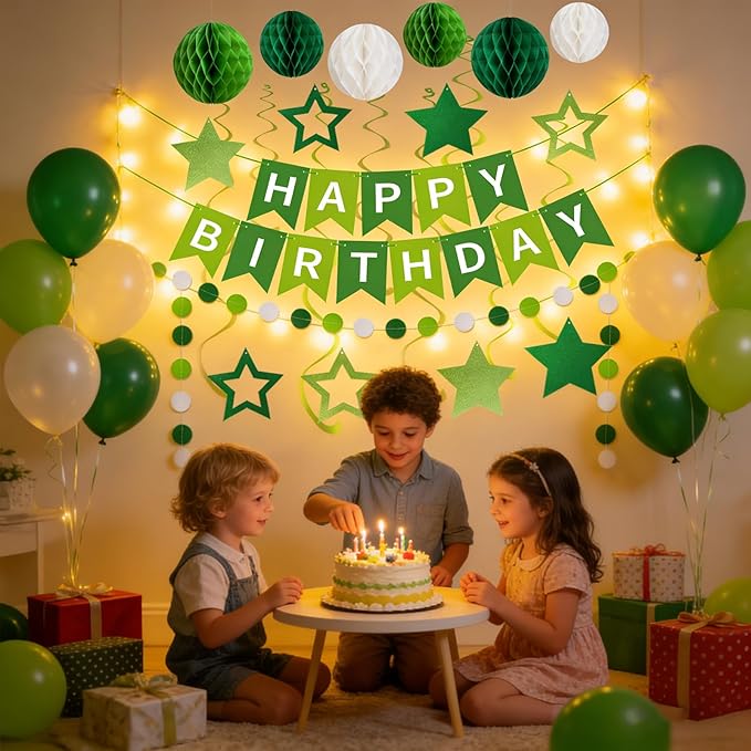 Birthday Banner Decorations with Honeycomb Balls, Stars, Circle Dots Garland Swirl Streamer Happy Birthday Party Decorations Supplies for Party(Green)