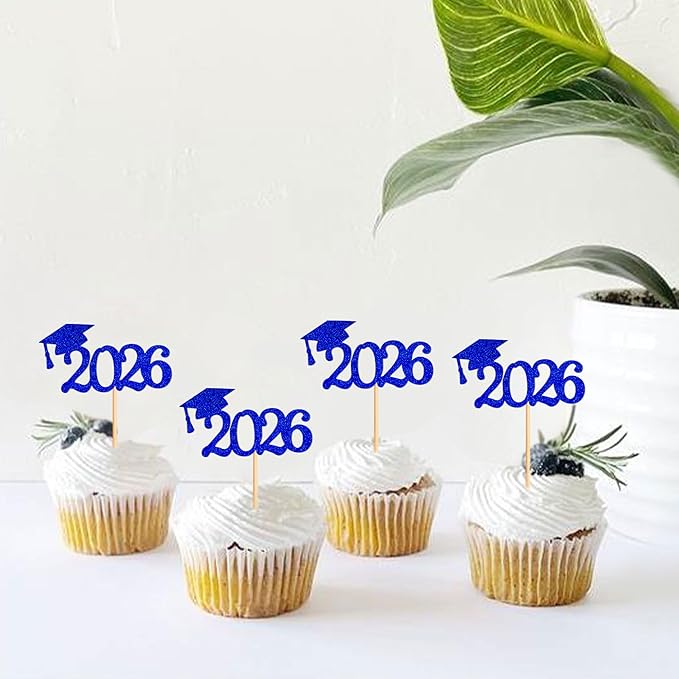 24 Pcs graduation cupcake toppers 2026, Food/Appetizer Picks For Graduation Party Mini Cake Decorations, 2026, Cupcake Toppers(Blue)