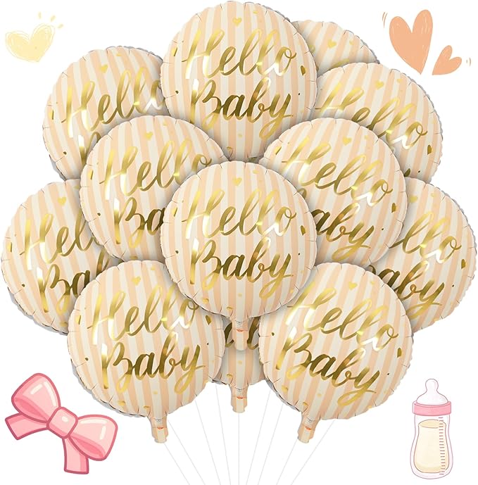 18" Hello Baby Foil Balloons for Welcome Baby Party Decorations, 4pcs Light Pastel Orange Cream Mylar Balloons, Peach Beige Gold Balloon for Gender Neutral Baby Shower Sip and See Party Decor Supplies