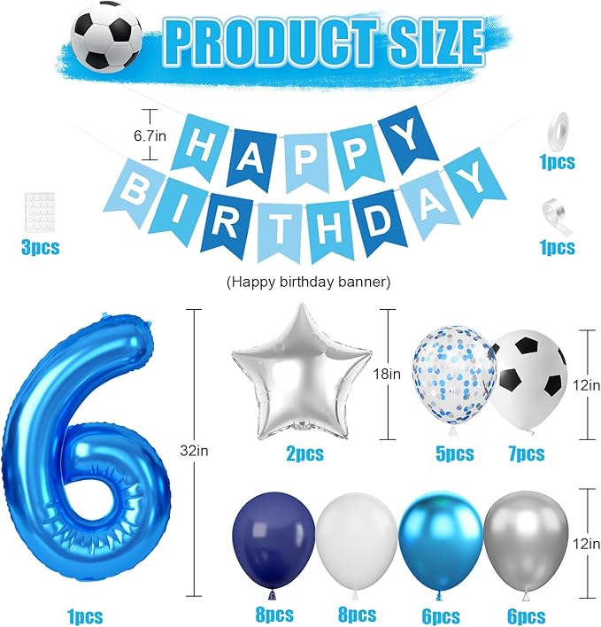 6th Soccer Birthday Party Decorations for Boys, Soccer Party Decorations Blue White Silver Balloons with 'HAPPY BIRTHDAY' Banner 32in Foil 6 Balloon for Boy Kids Men Birthday Baby Shower Decor