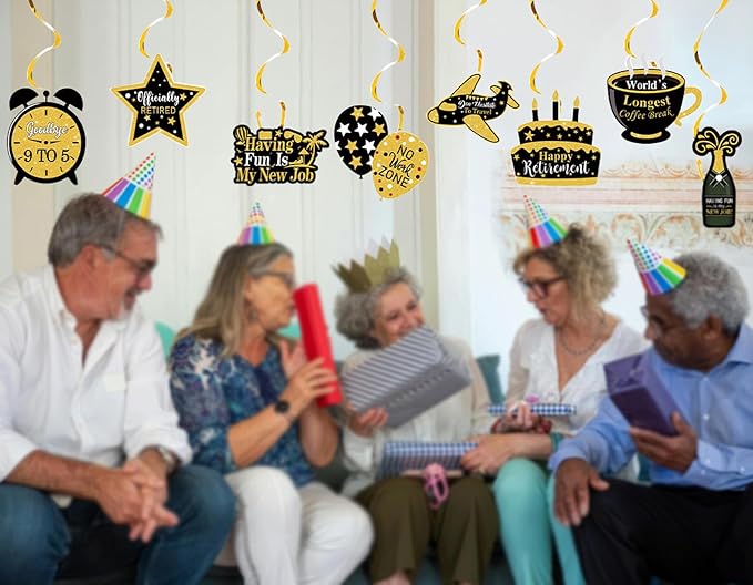 Happy Retirement Party Decorations for Men Women, Black and Gold Happy Retirement Banner, 71x43 Inch Retired Backdrop, 8pcs Hanging Swirls, Farewell Party Supplies