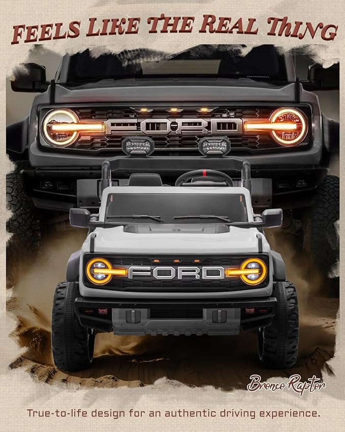 First Ride On Licensed Ford Bronco Raptor 24V 2 Seater Kids Ride on Toys, Battery Powered Electric Ride on Car, Remote Control Electric Car w/Led Lights, Music, High Low Speed (24V, White)