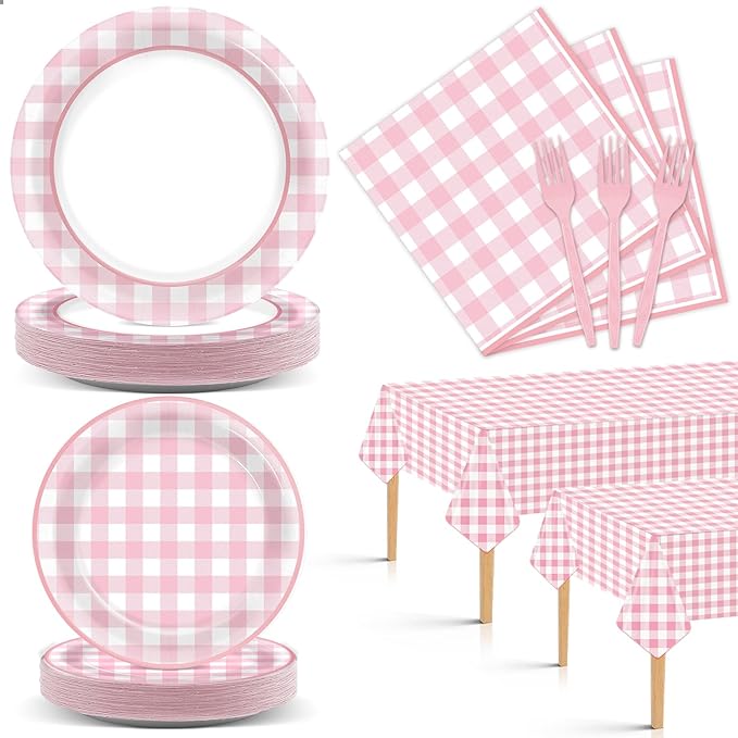 98 Pieces Pink checkered Party Supplies for 24 Guests Pink and White Checkered Tableware Set Plaid Plates Napkins Tablecloth Party Decorations for Birthday Barbecue Picnic Dinner Favors
