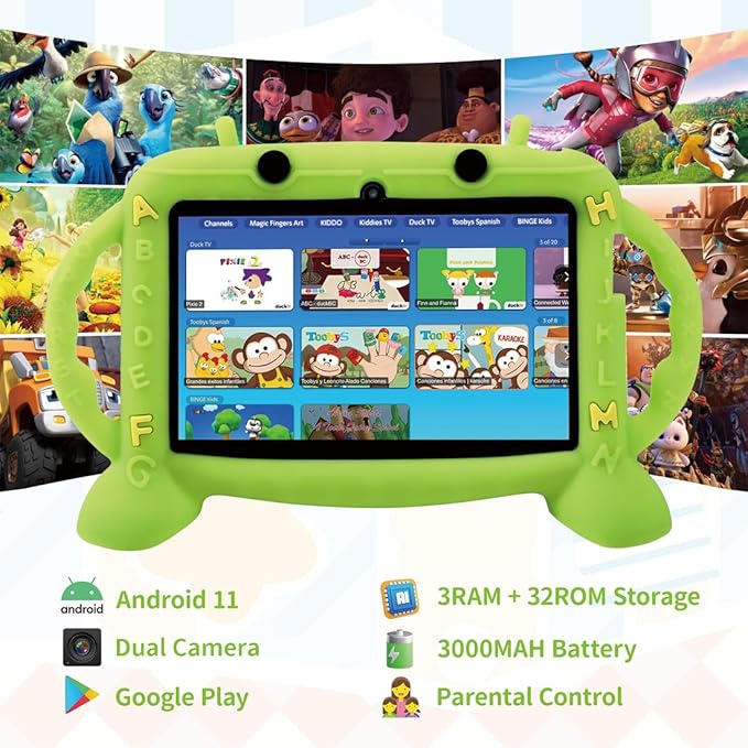 Kids Tablet, 7 inch Tablet with Case for Kids 2-10, Educational Learning Toddler Tablet Android 11, 3GB RAM+32GB ROM Storage, WiFi，Bluetooth，with Google Play YouTube, Baby Girl boy Present（Green）
