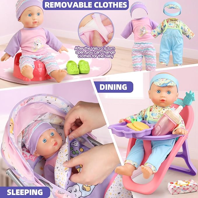 Baby Doll Stroller Playset for Girls Toddlers 3-5 4-6 5-7 Year Old to Play House Games. Stroller Toy with 12.5" Baby Doll, Dining Chair, Quilt Pillow, 24 PCS Doll Accessories and 2 Sets Clothes.