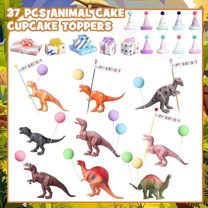 Weysat 37 Pcs Dinosaur Birthday Party Decorations, Dinosaur Cake Cupcake Toppers with Mini Hats Miniature Flags Gift Boxes Balls Figure Models for Dino Themed Birthday Party Supplies Adults