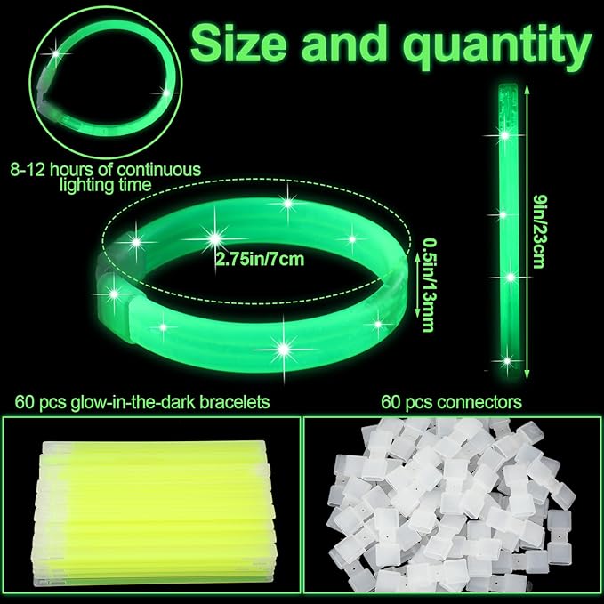 Kigeli 60pcs St Patricks Day Party Favors Green Glow Sticks 9" Glow Wristbands with Connectors Saint Patrick's Light up Bracelet Gifts for for Carnival, Easter, and Music Festival Supplies