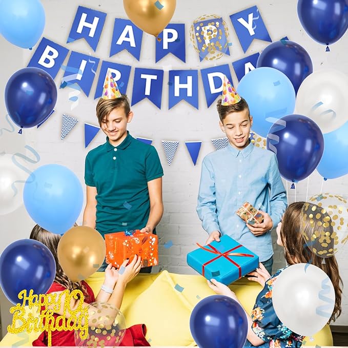 10th Birthday Decorations, Dark Happy Birthday Party Decorations With Number 10 Balloons Metallic Gold Pearl White Light Blue Fringe Curtain Banner Cake Topper For Boy Girl Party Supplies