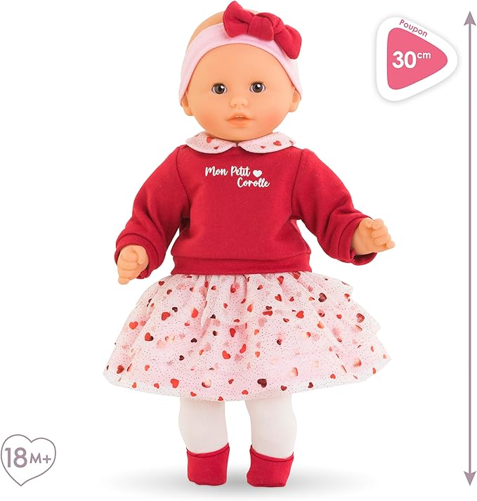 Corolle Margaux Petals - 12" Soft Boy Baby Doll with Vanilla Scent, Pink and Red Hearts Outfit & Sleeping Eyes for Girls Ages 18 Months+, Cute Reborn Realistic Baby Dolls for 2 Year Old Girls