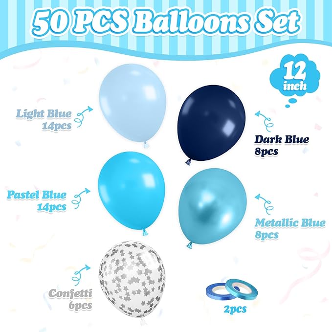 FunHot Blue Balloons, 50 Pcs Navy Blue Balloon, 12 Inch Metallic Silver Star Confetti Latex Balloons for Boy Baby Shower Men Birthday Graduation Wedding Anniversary Retirement Starry Sky Party Decor