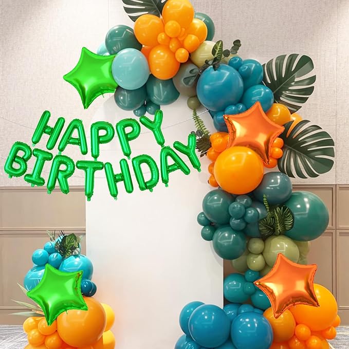 29PC Green Orange Happy Birthday Balloons Banner, 16Inch 3D Aluminum Letter Banner Sign, Green Orange Balloon 18 Inch Star Foil Balloon for Women, Men Party Supply