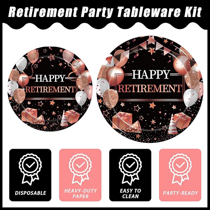 96 Pcs Retirement Party Plates and Napkins Set, Rose Gold Happy Retirement Party Supplies Decorations for Women Going Away Party Disposable Dinnerware Set, Serves 24