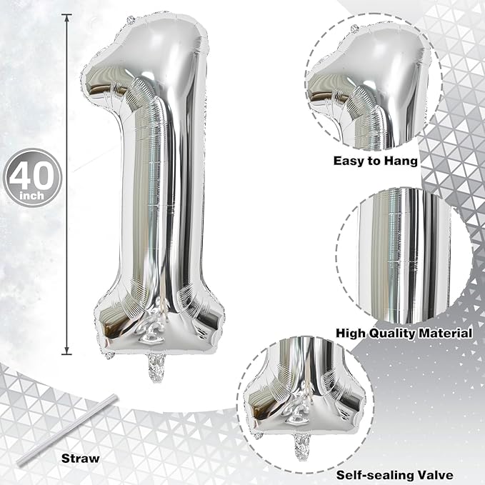 Silver 10 Balloons Number, 40 Inch Helium Foil Number 1 & 0 Balloons for 10 Year Old Birthday Decorations, Large Self Inflating Mylar Balloon for Boys 10th Birthday Party Anniversary Decor Supplies