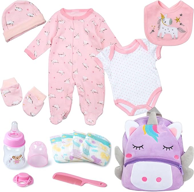 Pedolltree Reborn Baby Dolls Clothes Girl Unicorn Theme Outfit Accessories 13 Pcs for 17-22 Inch Reborn Dolls Newborn Baby Girl with Pink Unicorn Backpack