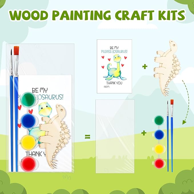 Leinuosen 28 Sets Dinosaur Party Favors Wood Painting Craft Kits with Art Supplies and Inspirational Cards Thank You for Coming Gifts for Summer Birthday Party Goodie Bag DIY Prizes