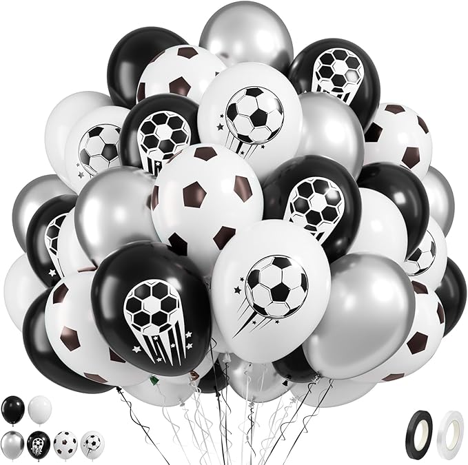 FunHot Soccer Balloons, 50 Pcs Soccer Party Balloon, 12 Inch Black White Silver Football Printed Helium Latex Balloons for Boy Baby Shower Men Birthday Football Sport Themed Game Club Party Decor