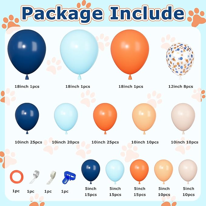 170Pcs Blue and Orange Balloons Arch Garland Kit, Navy Light Blue Orange Beige Confetti Balloons for Engagement Wedding Cartoon Dog Themed Birthday Party Decorations Supplies