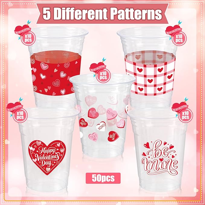 50Pcs Valentine's Day Party Decoration Cups, 12oz Pink Red Valentine's Day Heart Disposable Clear Plastic Cup for Valentines Day Birthday Wedding Drinkware Beverage Drinks Party Decor Supplies