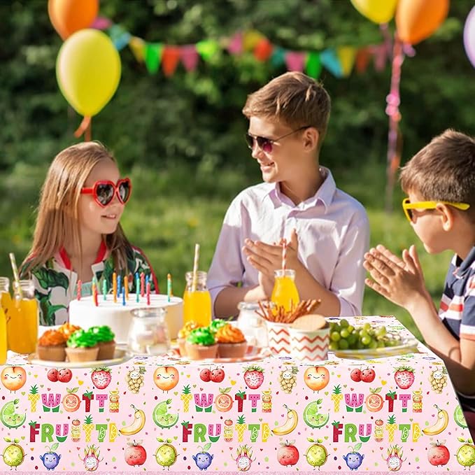 2 Pcs Twotti Frutti Tablecloth Summer Fruit Two Years Old Table Covers for Luau Fruit Lemon Watermelon Pineapple Strawberry Theme Girls 2nd Birthday Party Decorations Supplies