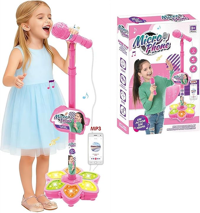 Adjustable Kids Karaoke Microphone with Stand, Extends up to 39.4” Height, Detachable Handheld Mic with LED Light Base & Type-C Adapter, Compatible with Android/iOS/PC for Singing & Parties