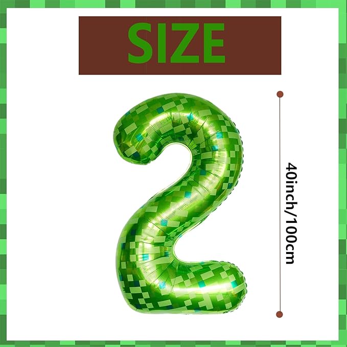 40 Inch Green Pixel Miner Number 2 Foil Balloons Large Mylar Mining Theme 2nd Number Balloon for Boys Girls Video Game Birthday Decorations Pixel Game Party Supplies