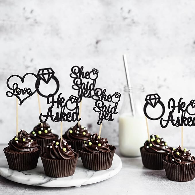 Gyufise 24 Pack Black Glitter He Asked She Said Yes Cupcake Toppers Glitter Heart Ring Cupcake Picks Decorations for Wedding Engagement Bridal Shower Party Supplies